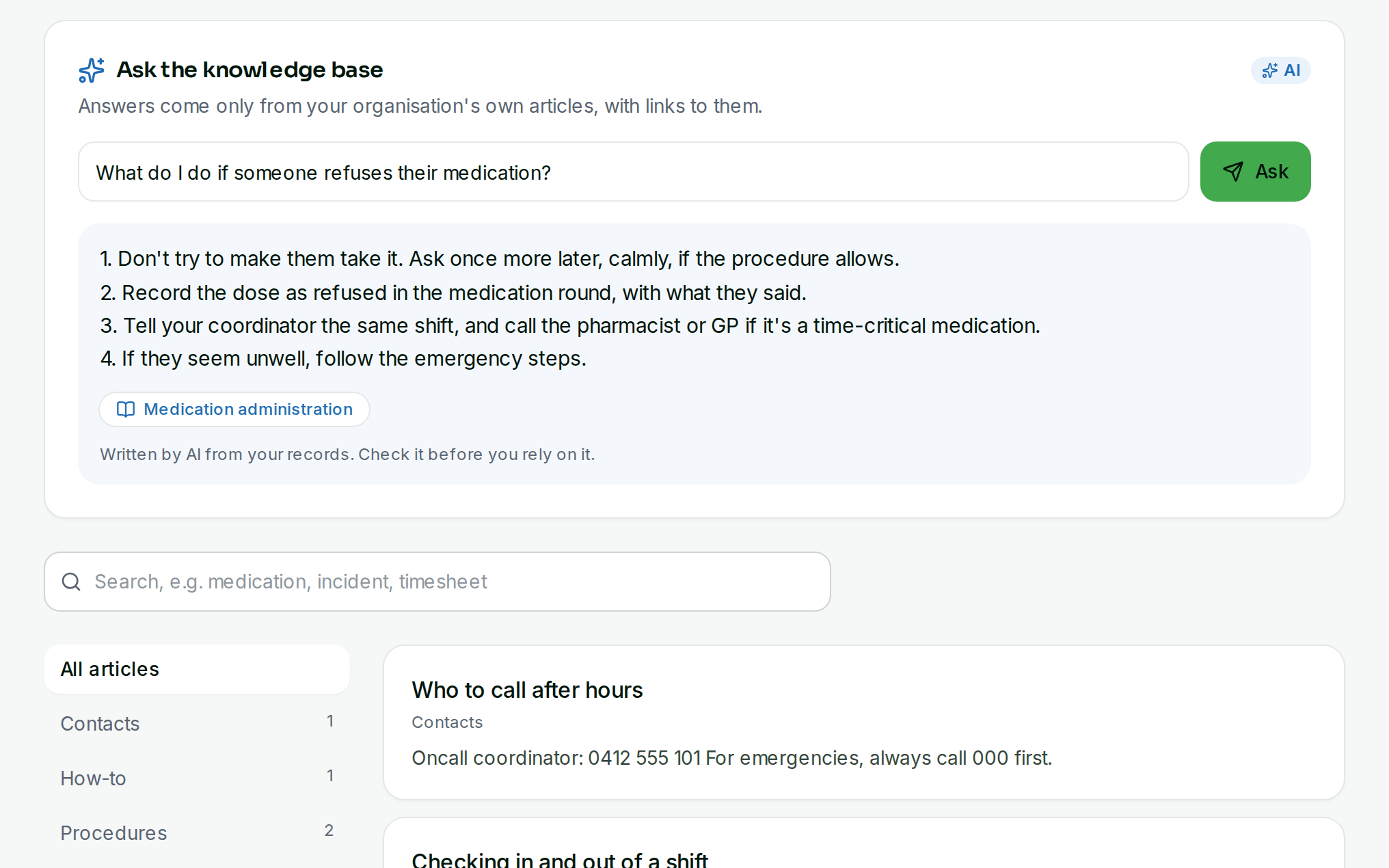 An answer from the knowledge base with links to the articles it came from