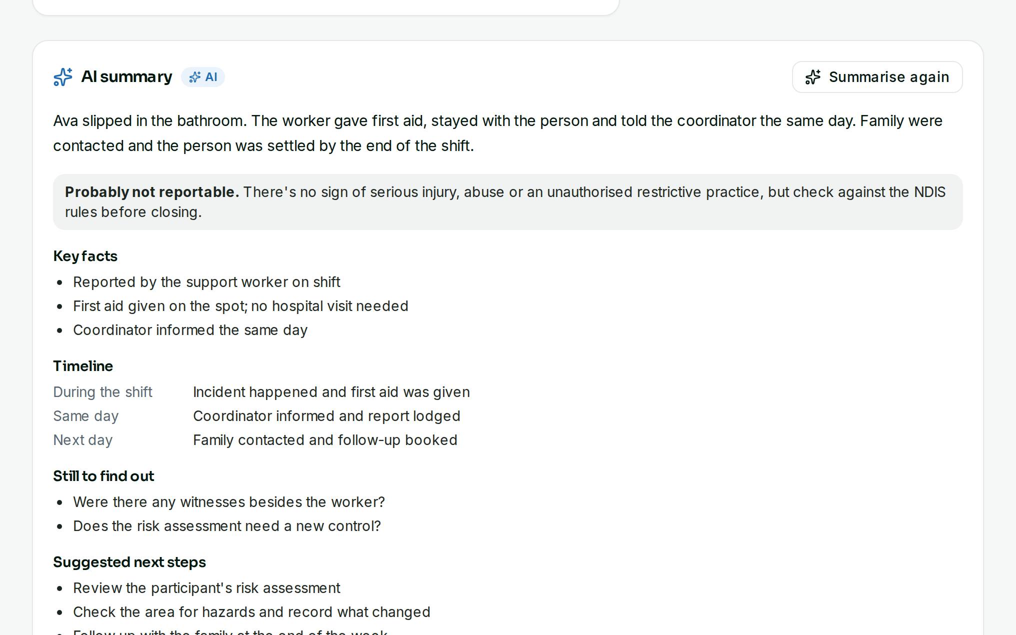 An AI summary of an incident with key facts, a timeline and suggested next steps