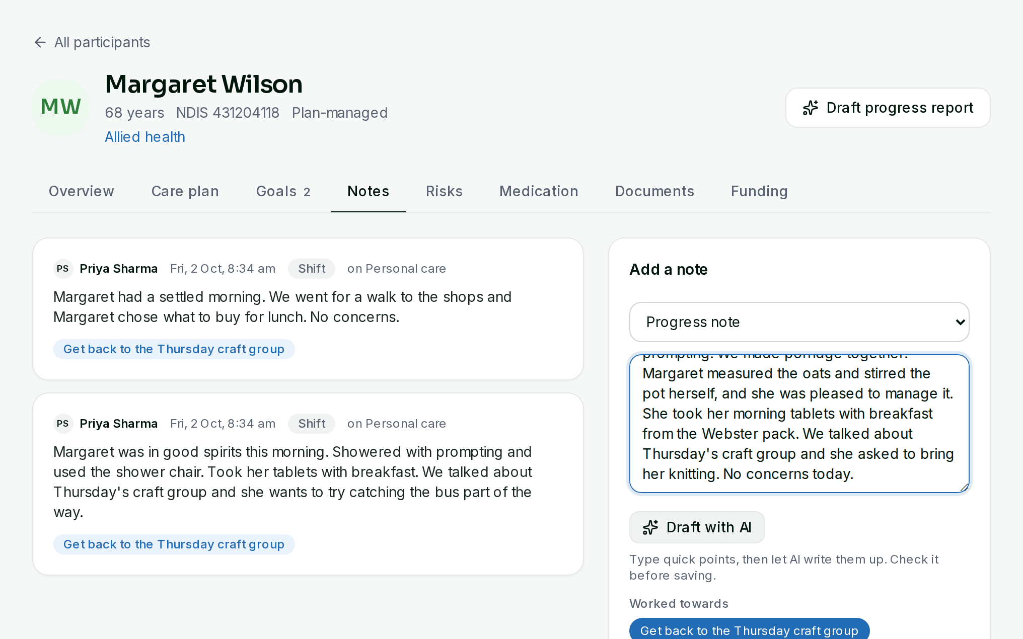 A progress note drafted with AI from a support worker's quick points, ready to check and save