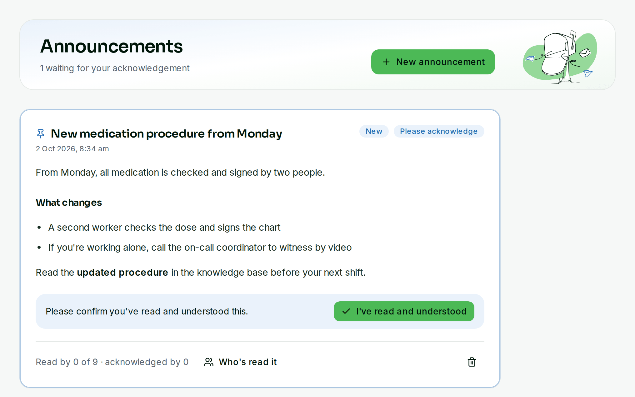 Announcement asking staff to acknowledge a new procedure, with read receipts