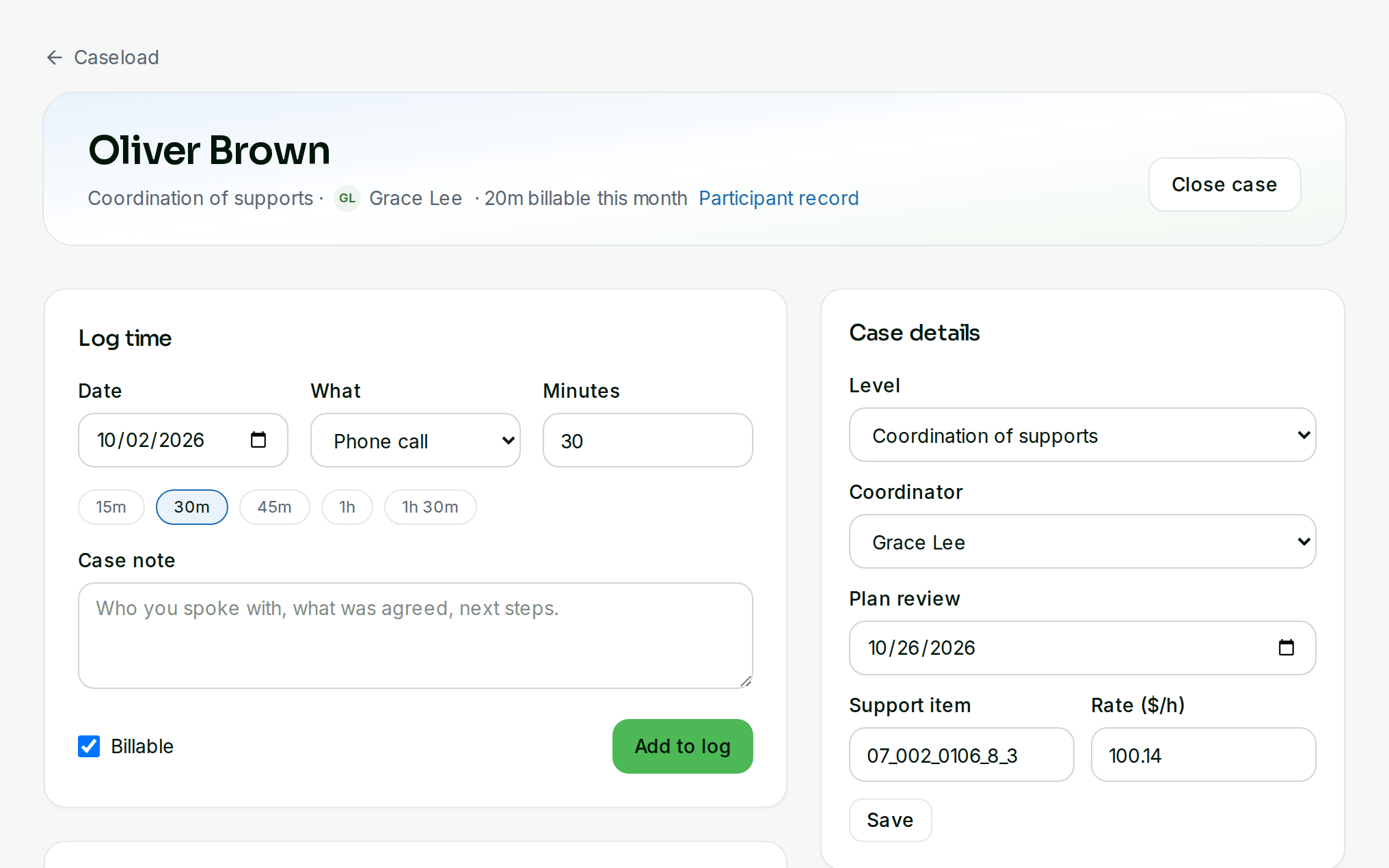 Support coordination case with logged time, case notes and providers
