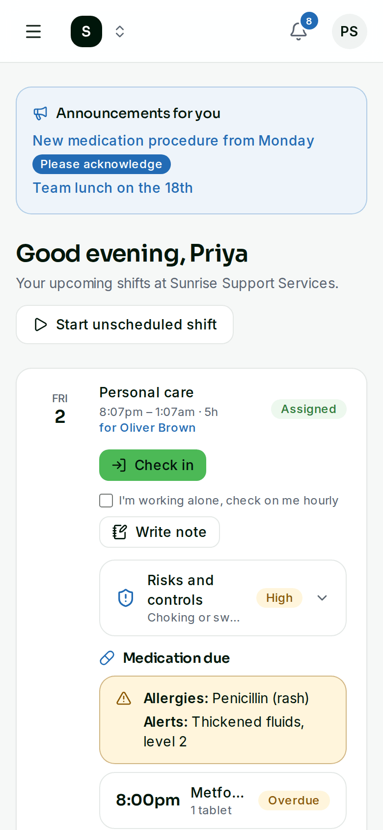 A support worker's shifts for today on a phone, with check in