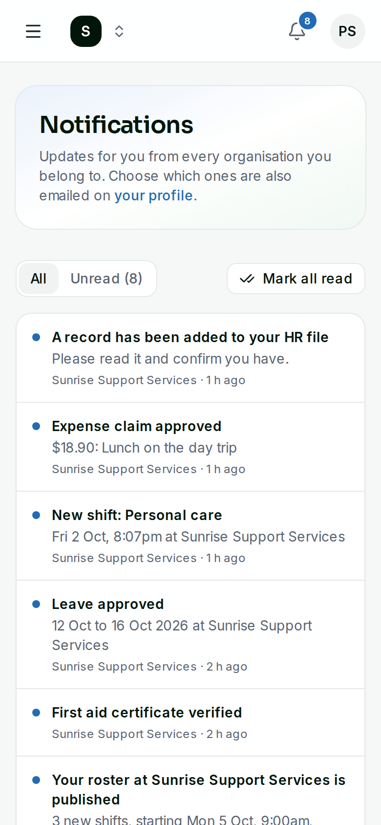 Notifications on a worker's phone: a new shift, a roster published and a credential verified