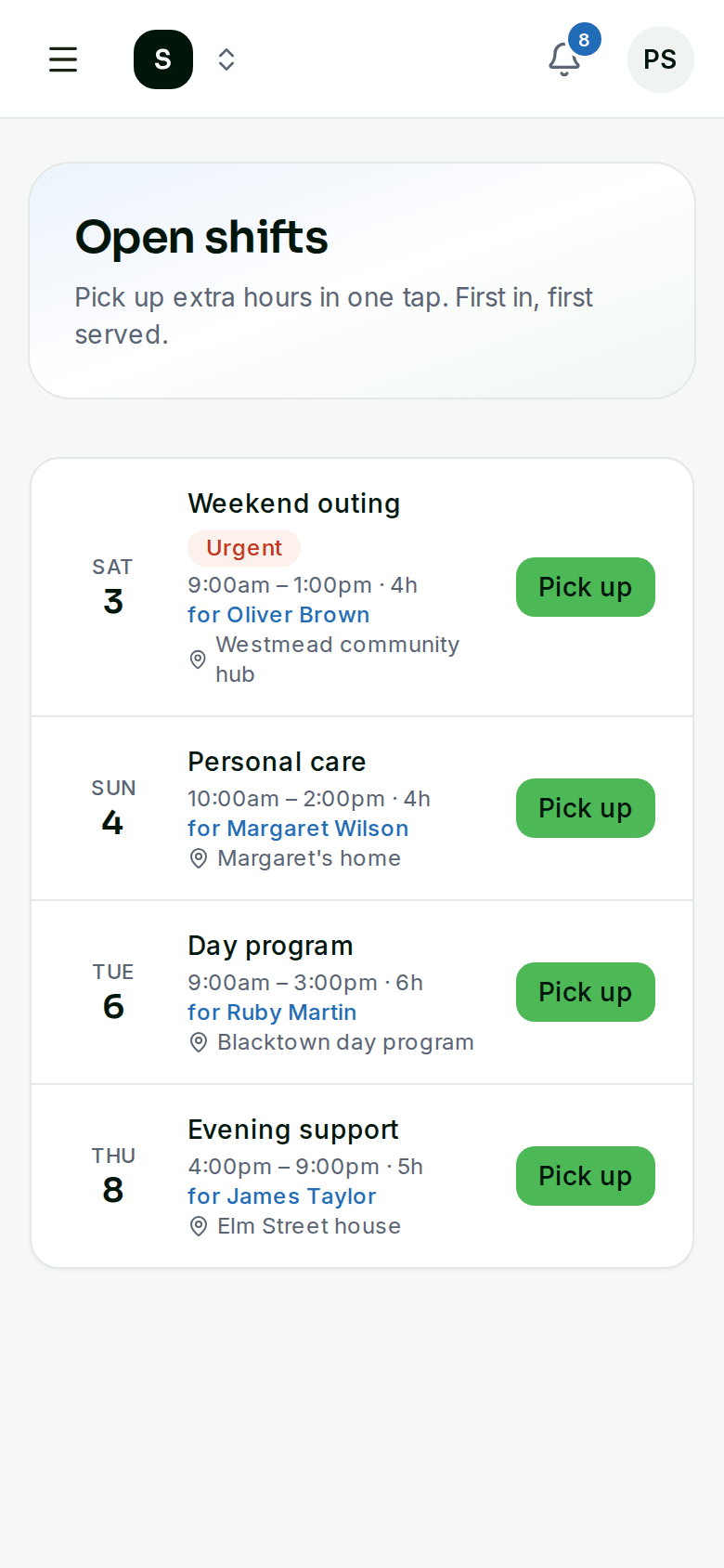 Open shifts on a worker's phone with a Pick up button on each