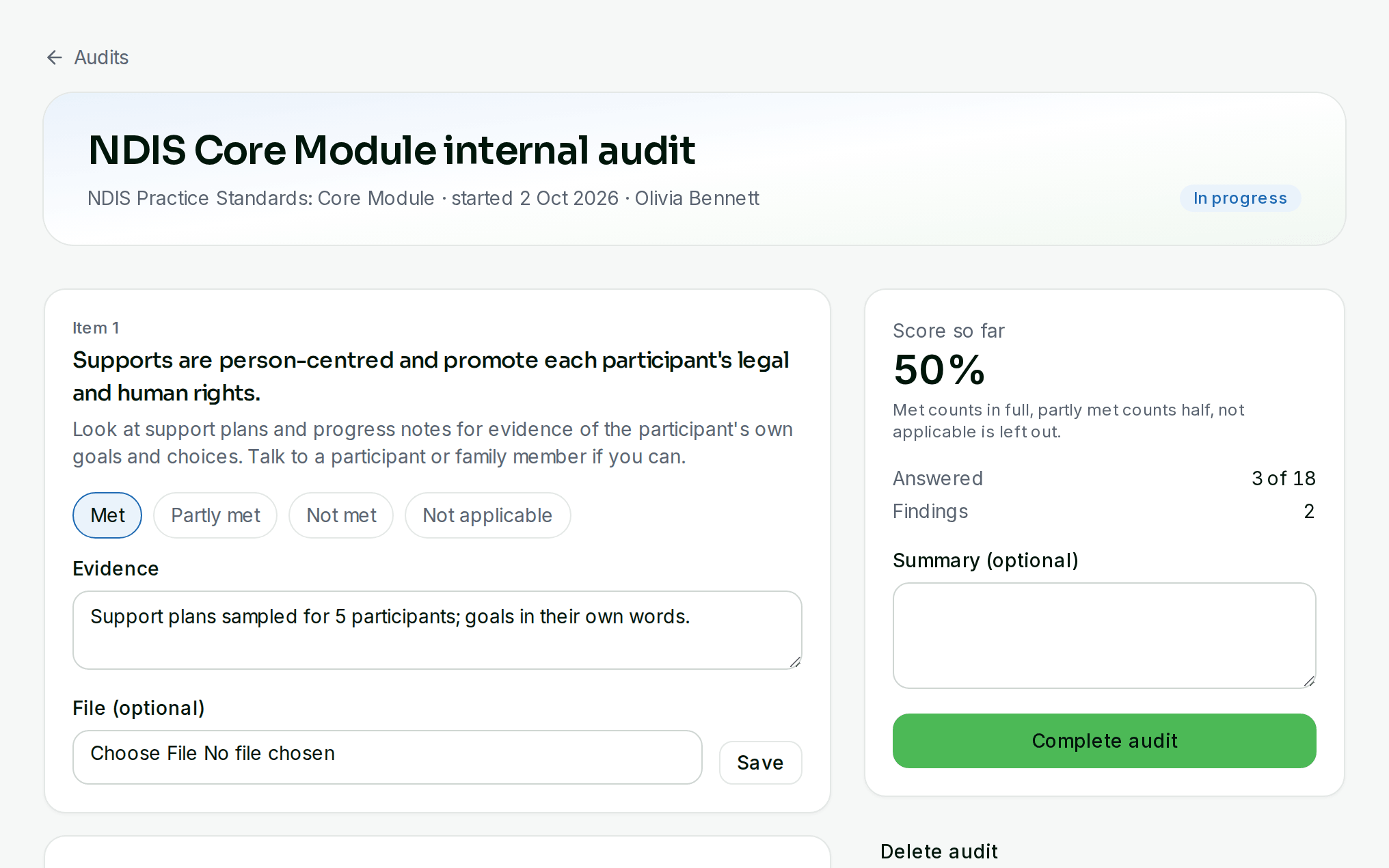 Internal audit with checklist items marked met, partly met or not met, and corrective actions