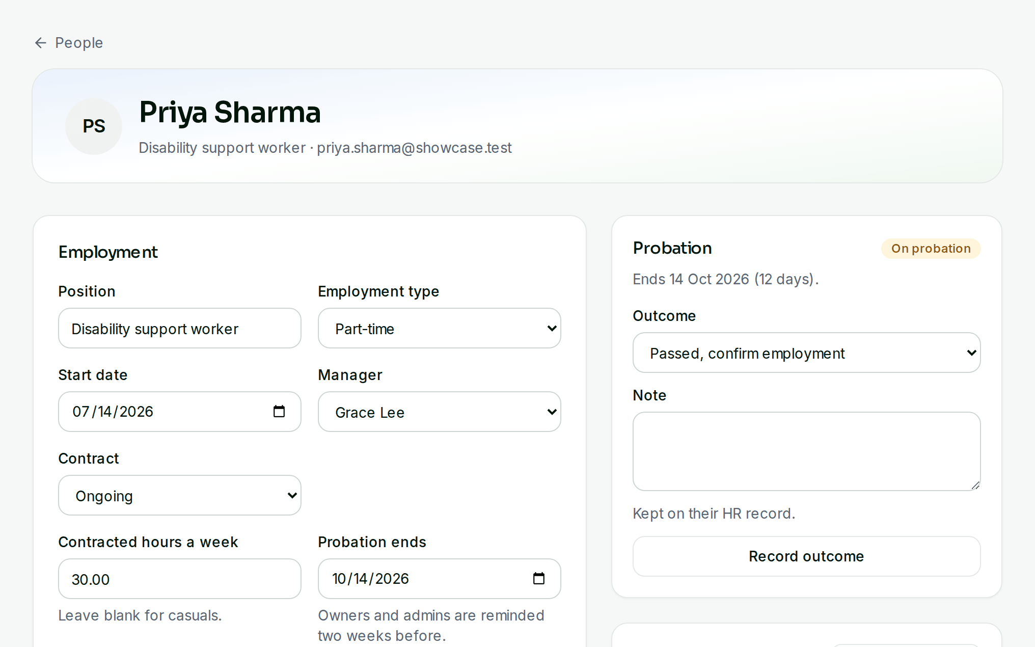 Employee record with contract, probation, documents on file and reviews