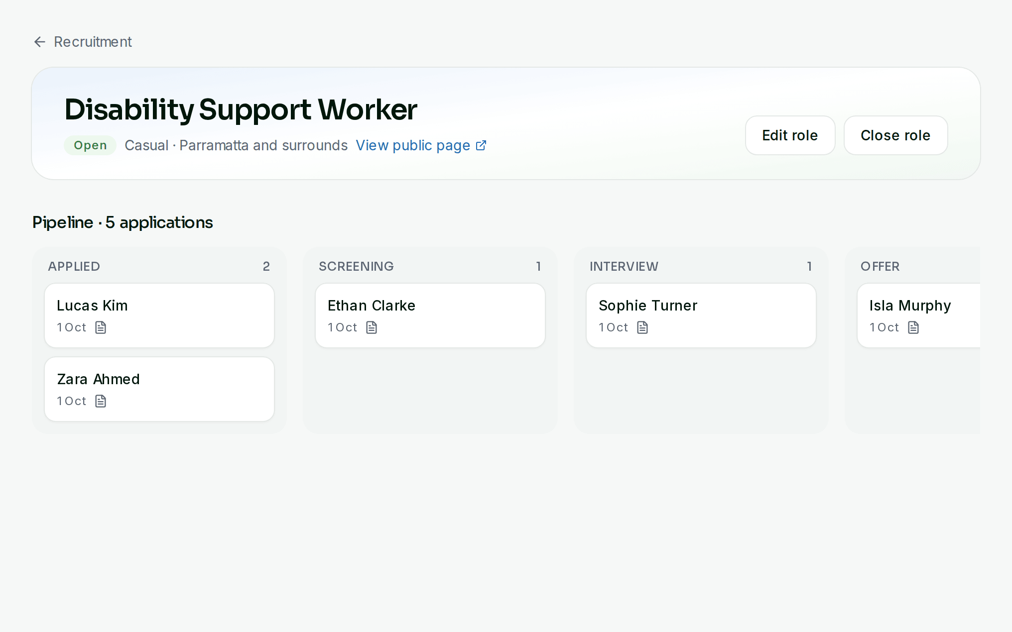 Recruitment pipeline with applicants in each stage from applied to hired