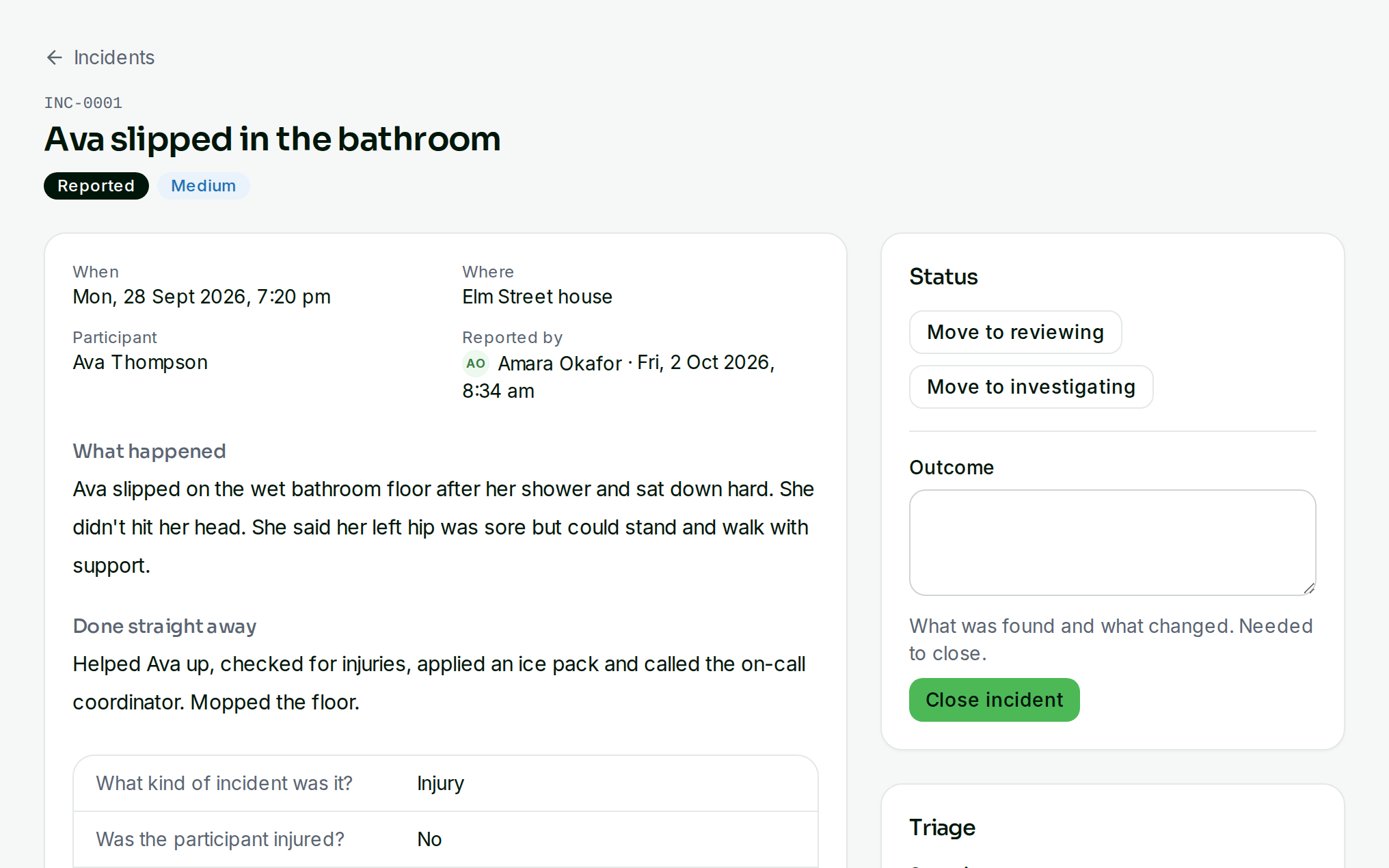 An incident report with triage, the NDIS Commission notification deadline and corrective actions