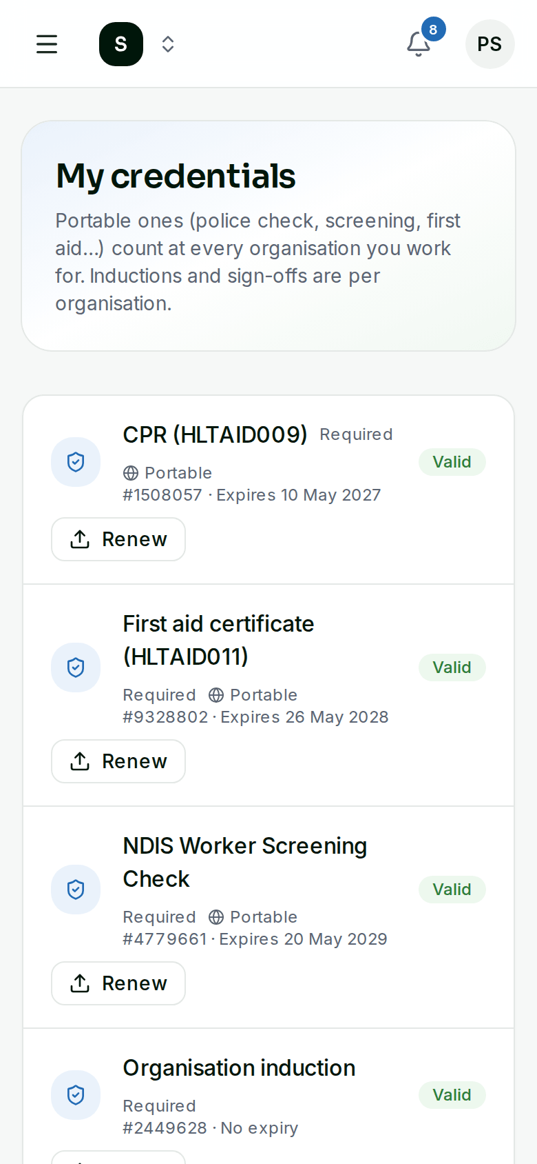A worker's credentials on a phone with an upload button for anything missing