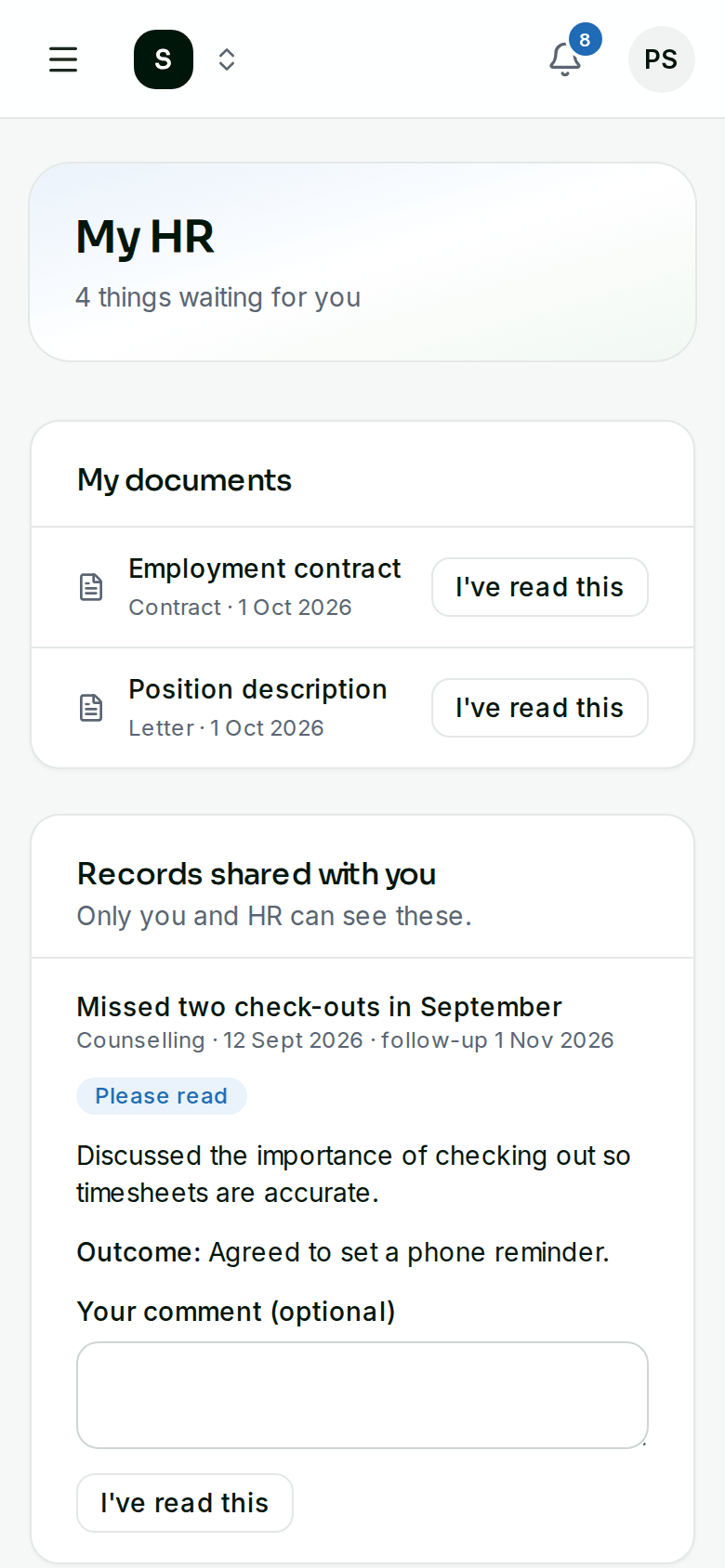 My HR on a phone: documents to read and a performance review to complete